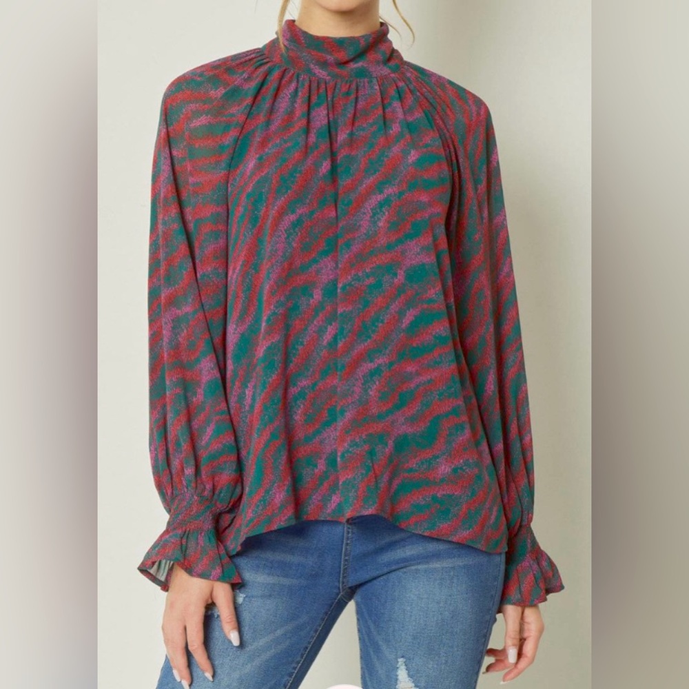 entro Green and Pink Abstract Print Mock Neck Blouse